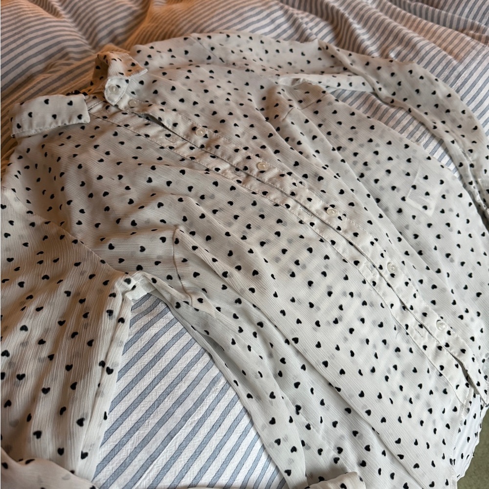 White Sheer Button Up with Black Heart Polka Dots